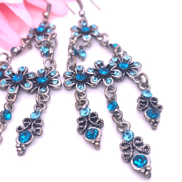Blue Rhinestones Floral Dangle Earrings 3.5” - Picture 7 of 7